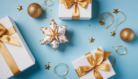 Christmas composition. White gift boxes, golden christmas decorations on blue background. Flat lay, top view, copy spaceの素材