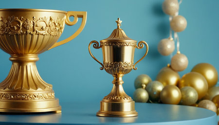 Golden trophy and Christmas balls on blue table. 3d rendering.の素材