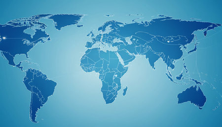 World map with connected lines and dots on blue background. Vector illustration.の素材