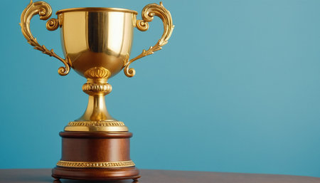 Golden trophy cup on blue background with copy space for your text.の素材