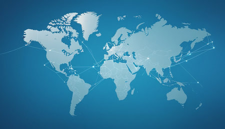 world map on blue background with connection lines and dots. vector illustrationの素材