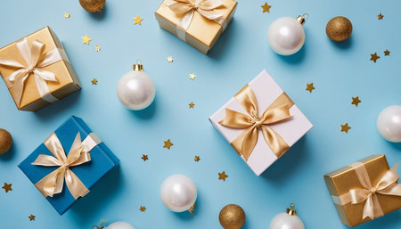 Christmas composition. Gifts, christmas balls on blue background. Flat lay, top view, copy spaceの素材