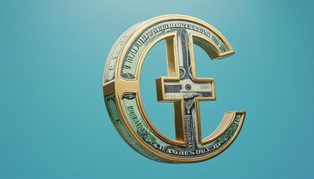 Golden dollar symbol on blue background. 3d rendering. Computer digital drawing.の素材