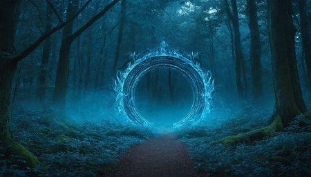 Mystical dark forest with bright blue neon light. Magical atmosphere. 3D renderingの素材