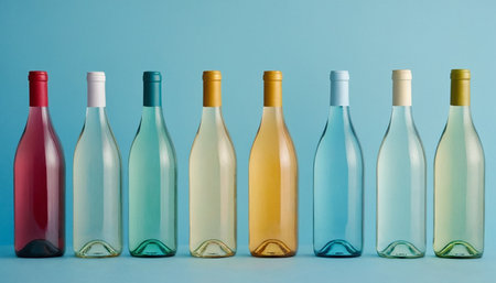 Wine bottles in a row on blue background with copy space.の素材