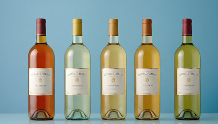 Wine bottles with labels on blue background. 3D illustration.の素材