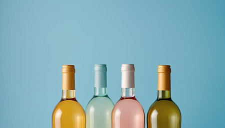 Wine bottles on a blue background with copy space for text.の素材