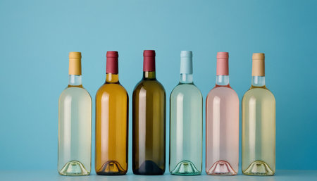 bottles of white and rose wine on blue background with copy spaceの素材