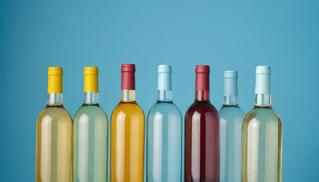 Bottles of wine on blue background. Copy space for text.の素材