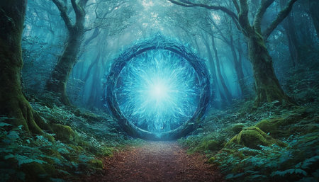 Mysterious forest with magic round mirror. 3D Renderingの素材