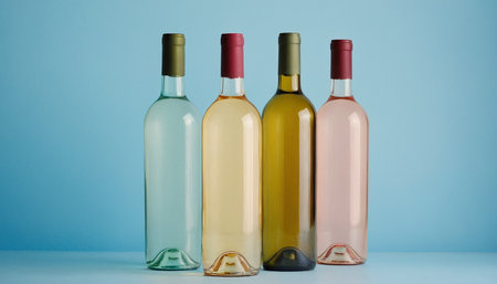 bottles of white, rose and red wine on a blue backgroundの素材