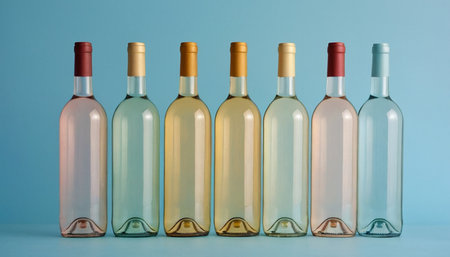 bottles of white and rose wine in a row on blue backgroundの素材