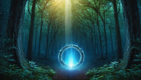 Mysterious dark forest with neon light. Magical atmosphere. 3D renderingの素材