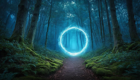 Mysterious dark forest with glowing light trail. Fantasy forest.の素材