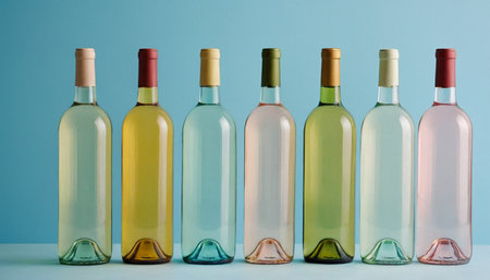 Bottles of white and rose wine on a light blue background.の素材