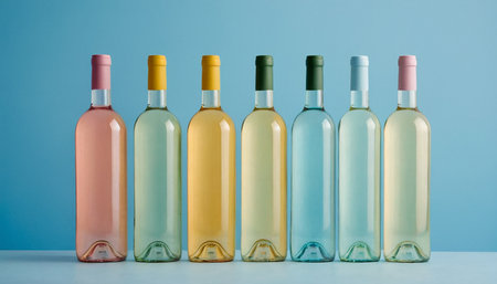 Bottles of white and rose wine on a blue background. Copy space.の素材