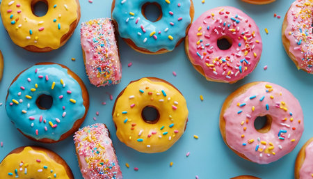 Colorful donuts on blue background. Top view. Flat lay.の素材