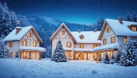 Winter landscape with snowy fir trees and cozy chalet at nightの素材