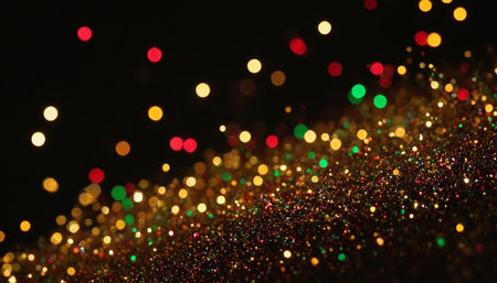 abstract gold and purple glitter bokeh on black background.の素材
