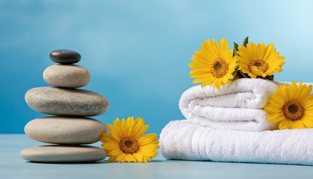 Spa still life with zen stones, flowers and towels on blue backgroundの素材