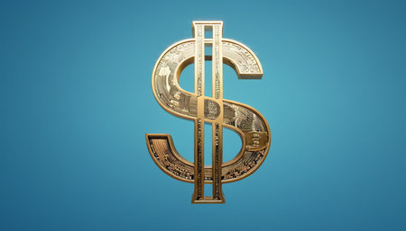 Golden dollar sign on blue background. 3D rendering. 3D illustration.の素材