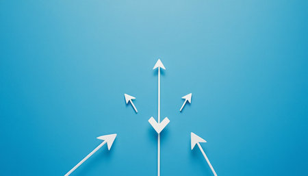 Leadership concept with white arrows on blue background. 3D Renderingの素材