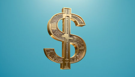 Golden dollar sign isolated on blue background. 3d render illustration.の素材