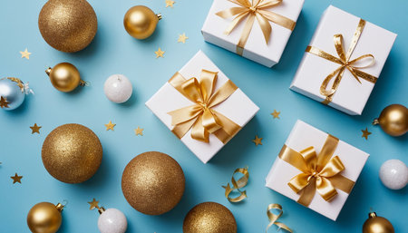 Christmas or New Year flat lay composition. White gift boxes with gold bows, christmas balls and confetti on blue background. Top view, copy spaceの素材