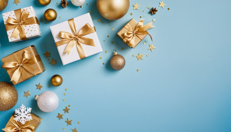 Christmas or New Year composition. White gift boxes, golden balls, stars on blue background. Flat lay, top view, copy spaceの素材