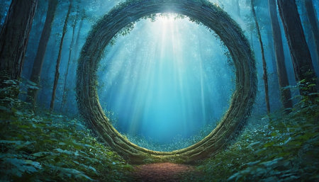 Mystical fantasy forest with light rays coming through the tunnel.の素材
