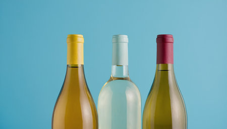 Three bottles of white and rose wine on a blue background with copy spaceの素材