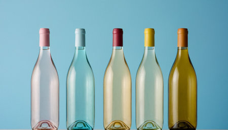 Colorful bottles of wine on a blue background, close-upの素材