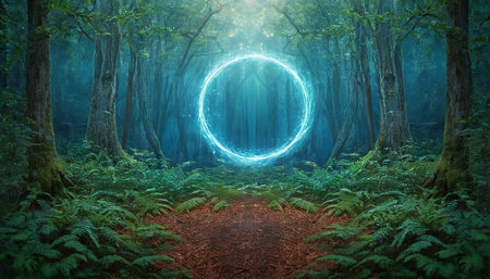 Fantastic fantasy forest with glowing neon circle. 3d renderingの素材