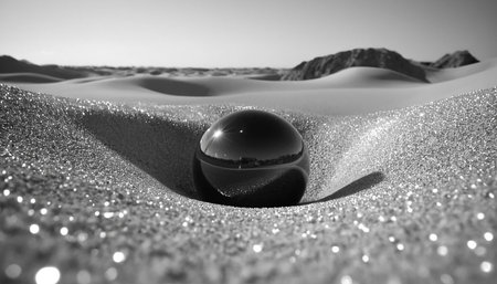 Black glass ball in sand dunes. Black and white photo.の素材