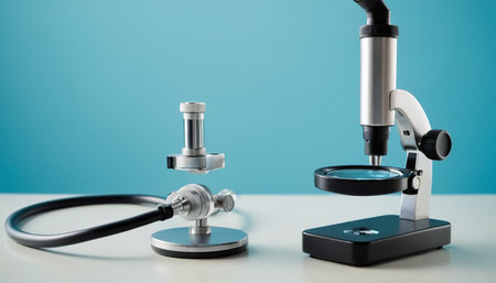 Microscope and stethoscope on white table with blue background.の素材