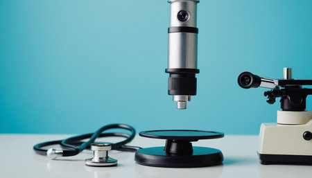 microscope and stethoscope on white table with blue background.の素材