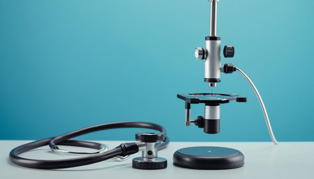 Microscope and stethoscope on white table, blue background.の素材
