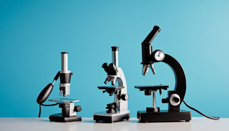 Microscope and test tubes on a blue background. Medical equipment.の素材