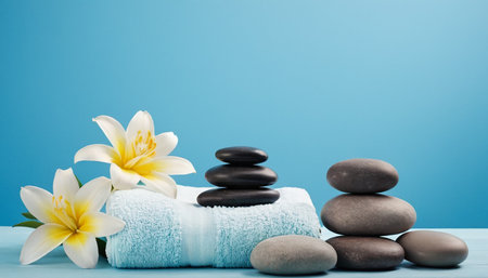 Spa still life with zen stones and flower on blue backgroundの素材