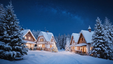 Winter night in the mountain village. Christmas and New Year background.の素材