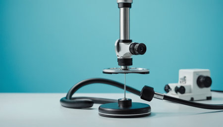 Microscope and stethoscope on a white table with blue backgroundの素材