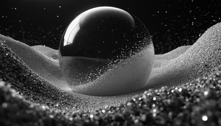 3d rendering of a crystal ball on sand with water drops.の素材