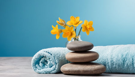 Spa still life with stones and daffodils on blue backgroundの素材
