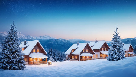 Beautiful winter landscape with snowy fir trees and chalet.の素材