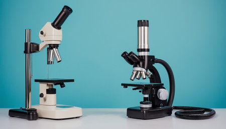 Microscope on white table with blue background, science and medical conceptの素材