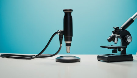 Microscope and stethoscope on a white table against blue backgroundの素材