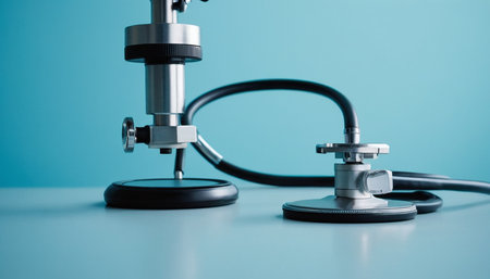 Microscope and stethoscope on blue background. Medical equipment.の素材
