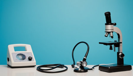 Microscope and stethoscope on white table with blue background.の素材