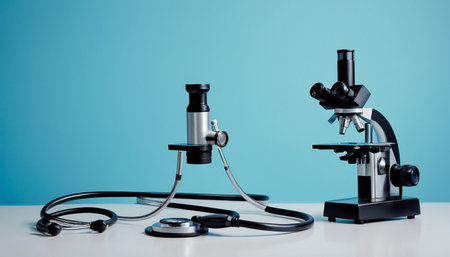 Microscope and stethoscope on the table with blue background.の素材