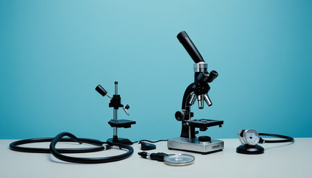 Microscope and stethoscope on white table with blue background.の素材